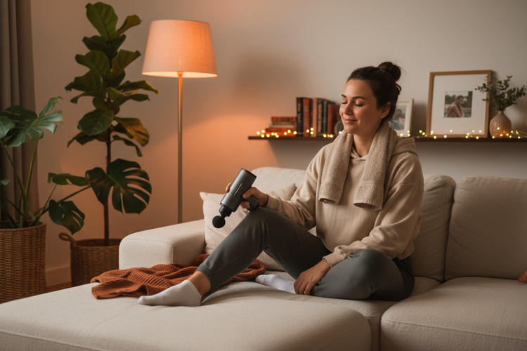 frau sitzt zufrieden, entspannt auf dem Sofa mit einer Massage Pistole