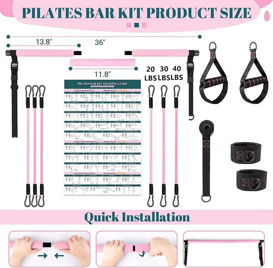 Fitness Yoga Pilates Bar Kit - Portable Full Body Home Gym with Resistance Bands for Women
