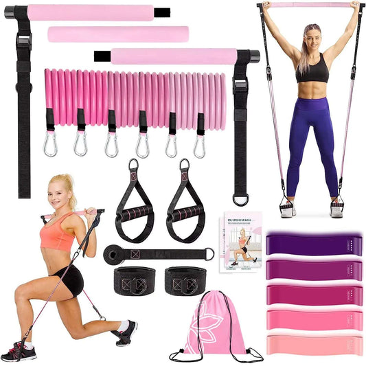 Fitness Yoga Pilates Bar Kit - Portable Full Body Home Gym with Resistance Bands for Women