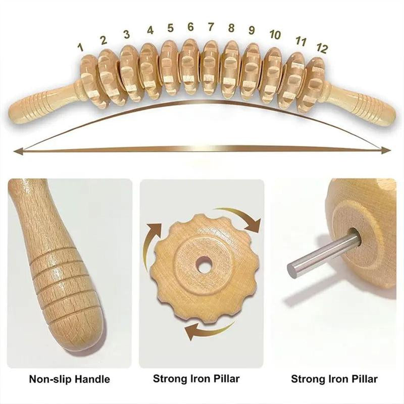 12-Wheel Wooden Massage Roller - Ultimate Manual Body Massager for Muscle Relaxation & Stress Relief at Home or On-the-Go