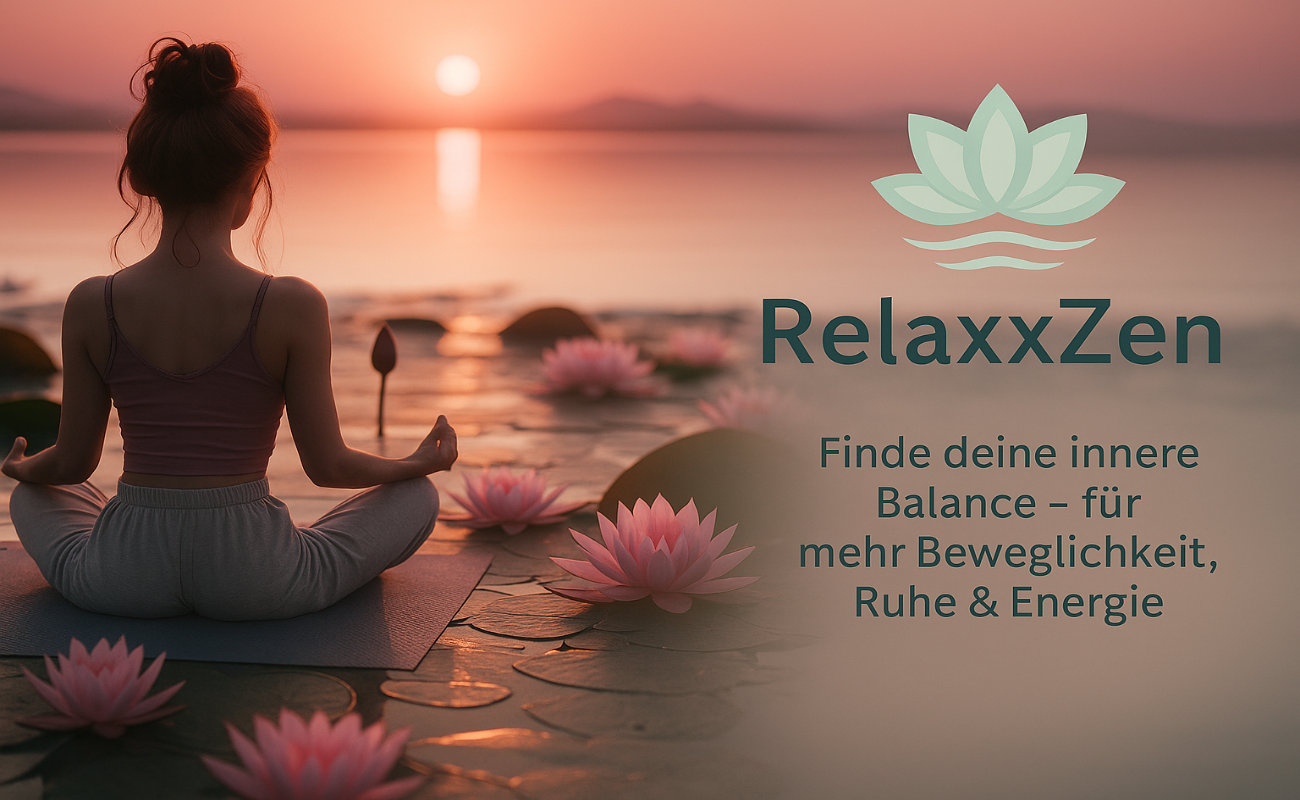 Frau meditiert bei Sonnenaufgang an einem Gewässer mit Lotusblumen-RelaxxZen, finde deine innere Balance für mehr Beweglichkeit, Ruhe und Energie